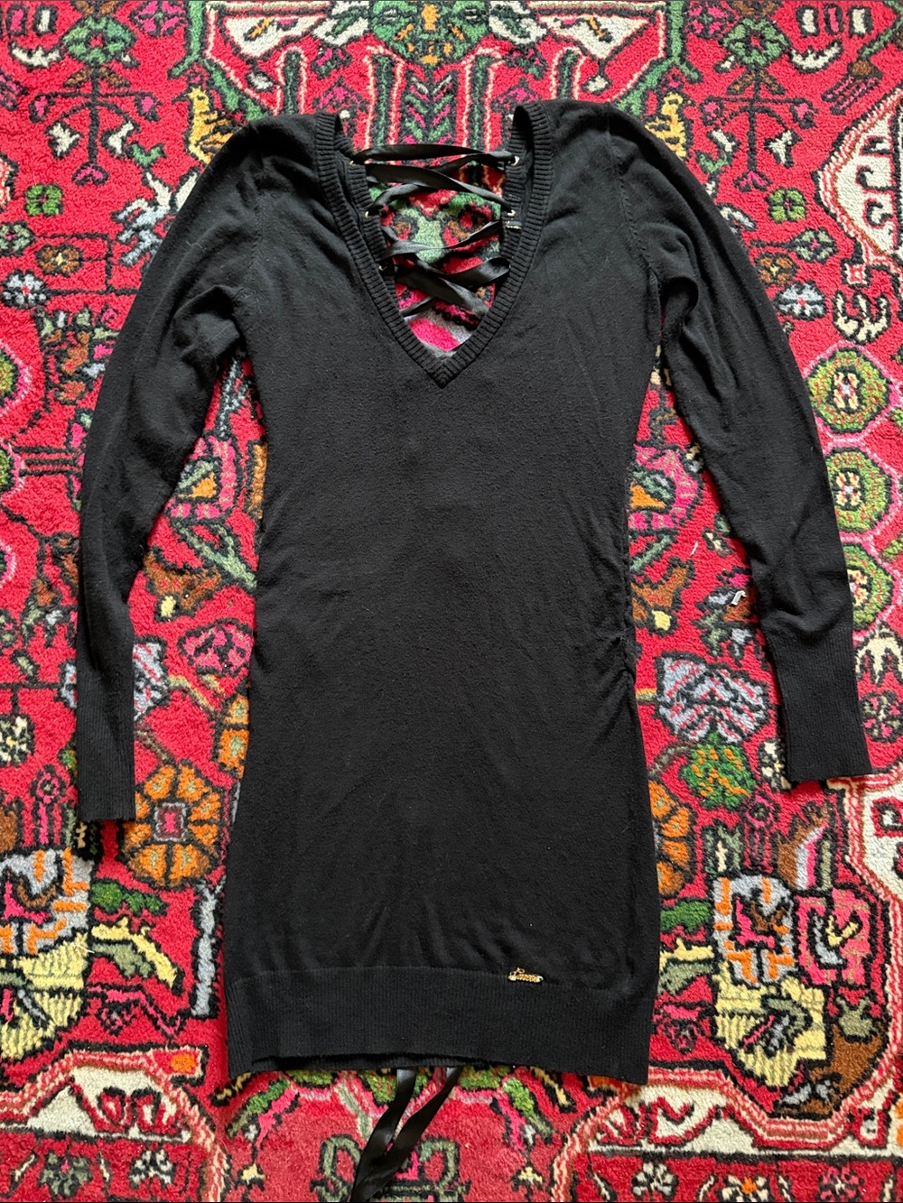 Guess Black Long Sleeve Mini Dress with Lace-Up Back